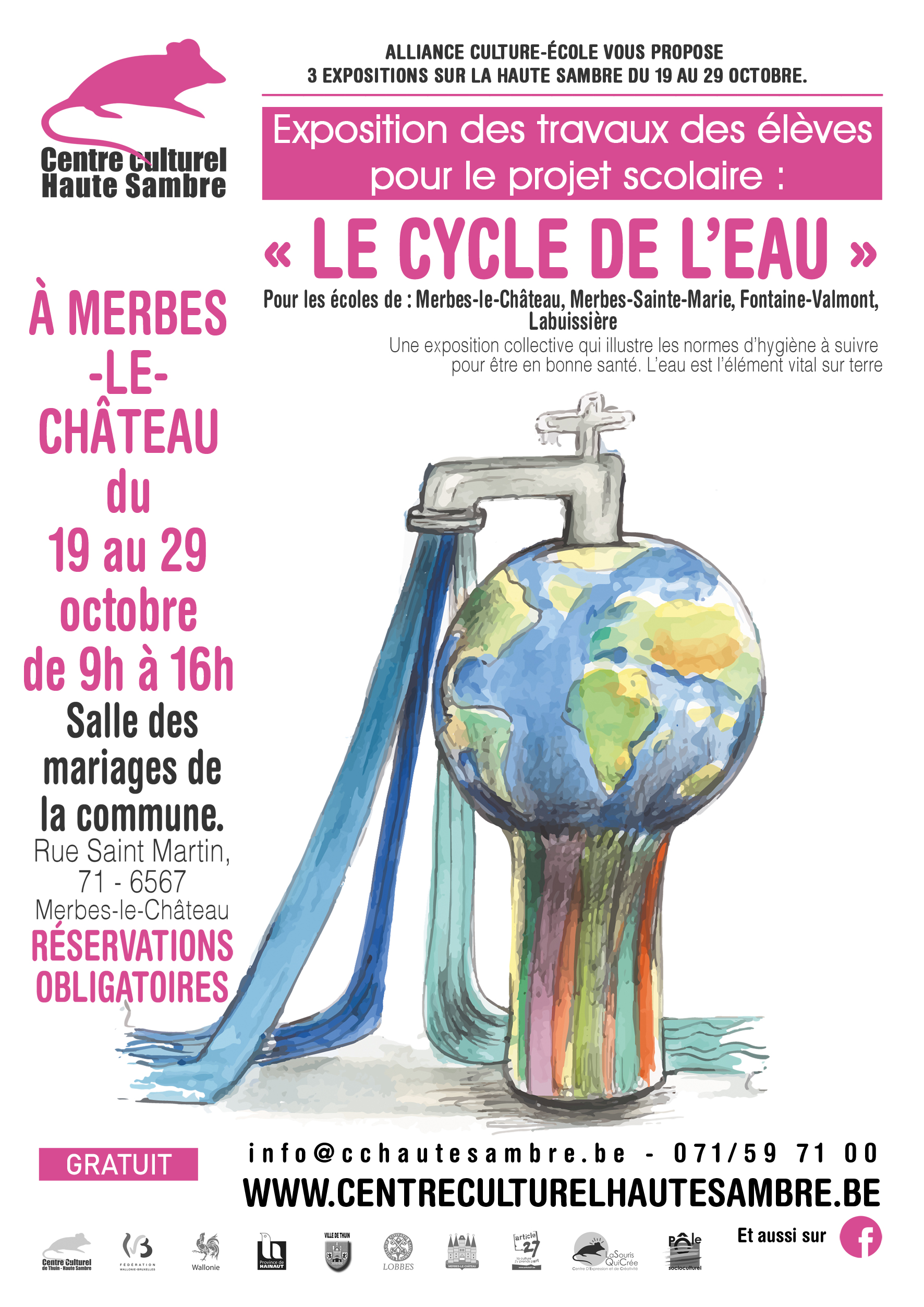 Dans le cadre du projet ALLIANCE CULTURE-ECOLE 2019-2020 Le Centre culturel Haute Sambre vous propose une exposition des travaux des élèves de 3ème, 4ème et 5ème primaire pour le projet scolaire « le cycle de l’eau » à Merbes-le-Château. Une exposition collective qui illustrant les normes d’hygiène à suivre pour être en bonne santé. L’eau est l’élément vital sur terre. Ecoles participantes : Merbes-le-Château, Merbes-Sainte-Marie, Fontaine-Valmont, Labuissière LIEU : Salle des mariages de l’administration communale - Rue Saint Martin, 71 - 6567 Merbes-le-Château