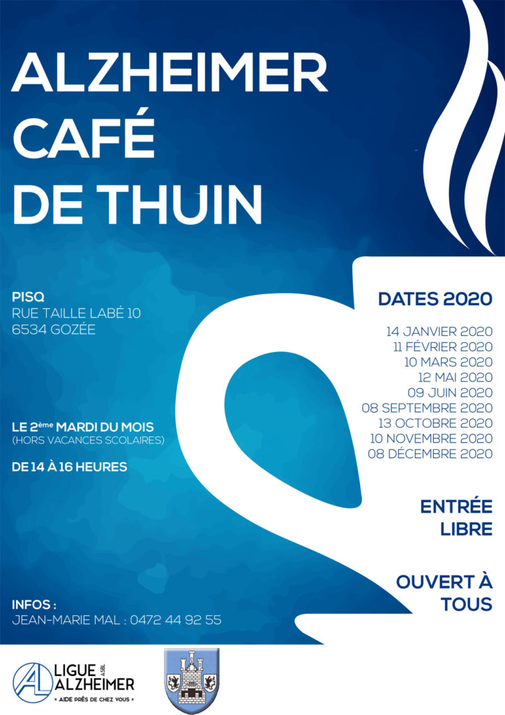 Chaque 2ème mardi du mois (hors vacances scolaires), de 14h à 16h, le Comité Consultatif des Aînés de Thuin organise son Alzheimer Café à Gozée.  L'objectif est de proposer un moment de rencontre et de partage entre des personnes souffrant de la maladie et d'autres confrontées à ces personnes dans leur quotidien.  Durant cette réunion, deux animateurs seront présents pour partager des informations pour mieux gérer la maladie au quotidien.  L'organisation est soutenue et organisée en collaboration avec la Ligue Alzheimer.   Lieu : au PISC, Rue Taille Labé, 10 - 6534 Gozée. Entrée gratuite et ouverte à tous.  Les règles sanitaires liées au Covid-19 seront respectées.  Contact : 0472/44.92.55 ou jeanmariem@voo.be.