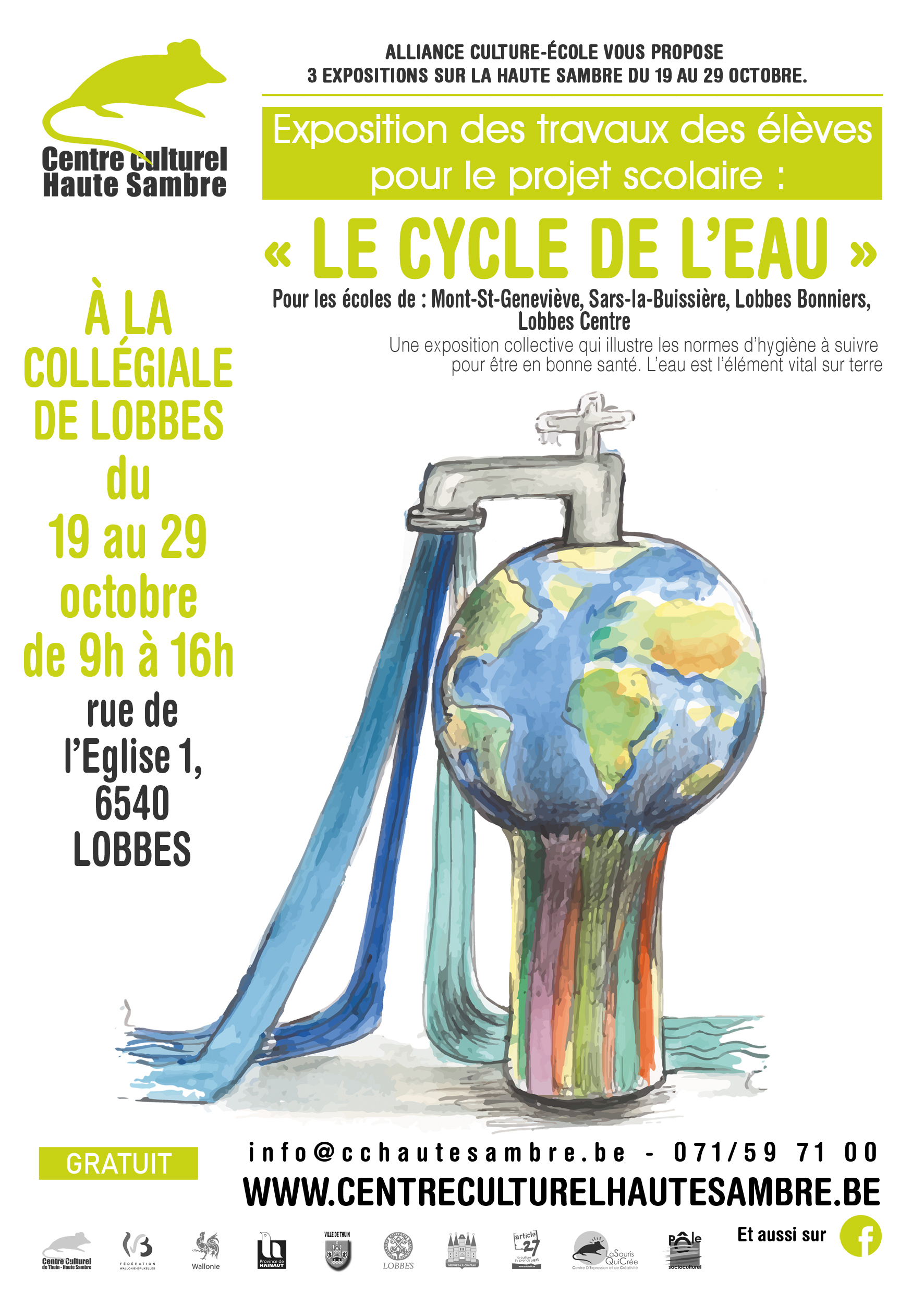 Exposition des travaux des élèves de 3, 4 et 5ème primaire pour le projet scolaire «Le cycle de l’eau» à Lobbes Dans le cadre du projet ALLIANCE CULTURE-ECOLE 2019-2020 Le Centre culturel Haute Sambre vous propose une exposition des travaux des élèves de 3ème, 4ème et 5ème primaire pour le projet scolaire « le cycle de l’eau » à Lobbes. Cette exposition collective illustrant les normes d’hygiène à suivre pour être en bonne santé. L’eau est l’élément vital sur terre. Ecoles participantes : Mont-St-Geneviève, Sars-la-Buissière, Lobbes Bonniers, Lobbes Centre LIEU : Collégiale St Ursmer de Lobbes à la rue de l’Eglise, 1 - 6540 LOBBES DATES : du 19 au 29 octobre 2020 HORAIRES : de 9 h à 16 h