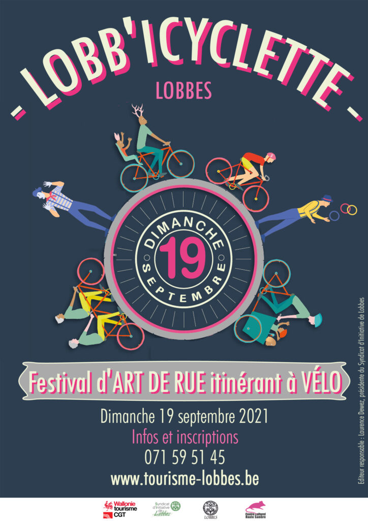 Lobb'icyclette est un fesvital d'art de rue itinérant à vélo. Késako? Seul, en famille ou avec votre bulle, enfourchez votre vélo pour une folle aventure de 13km dans les campagnes de Lobbes ! Lors des haltes, nous vous proposons de vous détendre et de profiter de spectacles d'art de rues soigneusement sélectionnés. Acrobaties, sensations, fous rire... garantis. Le parcours est accessible aux enfants mais il est quelque peu vallonné donc prenez vos dispositions. Vous n'avez pas la possibilité de venir en vélo? Pas grave, nous proposons également un parcours pédestre de 9,5km. 2 départs vous seront proposés, le premier en fin de matinée et le second en début d'après-midi. Les places seront mise en vente le samedi 7 août prochain via notre site internet et notre page facebook. Ce projet est organisé avec le soutien du Commissariat Général au Tourisme et avec la collaboration du Centre Culturel Haute Sambre