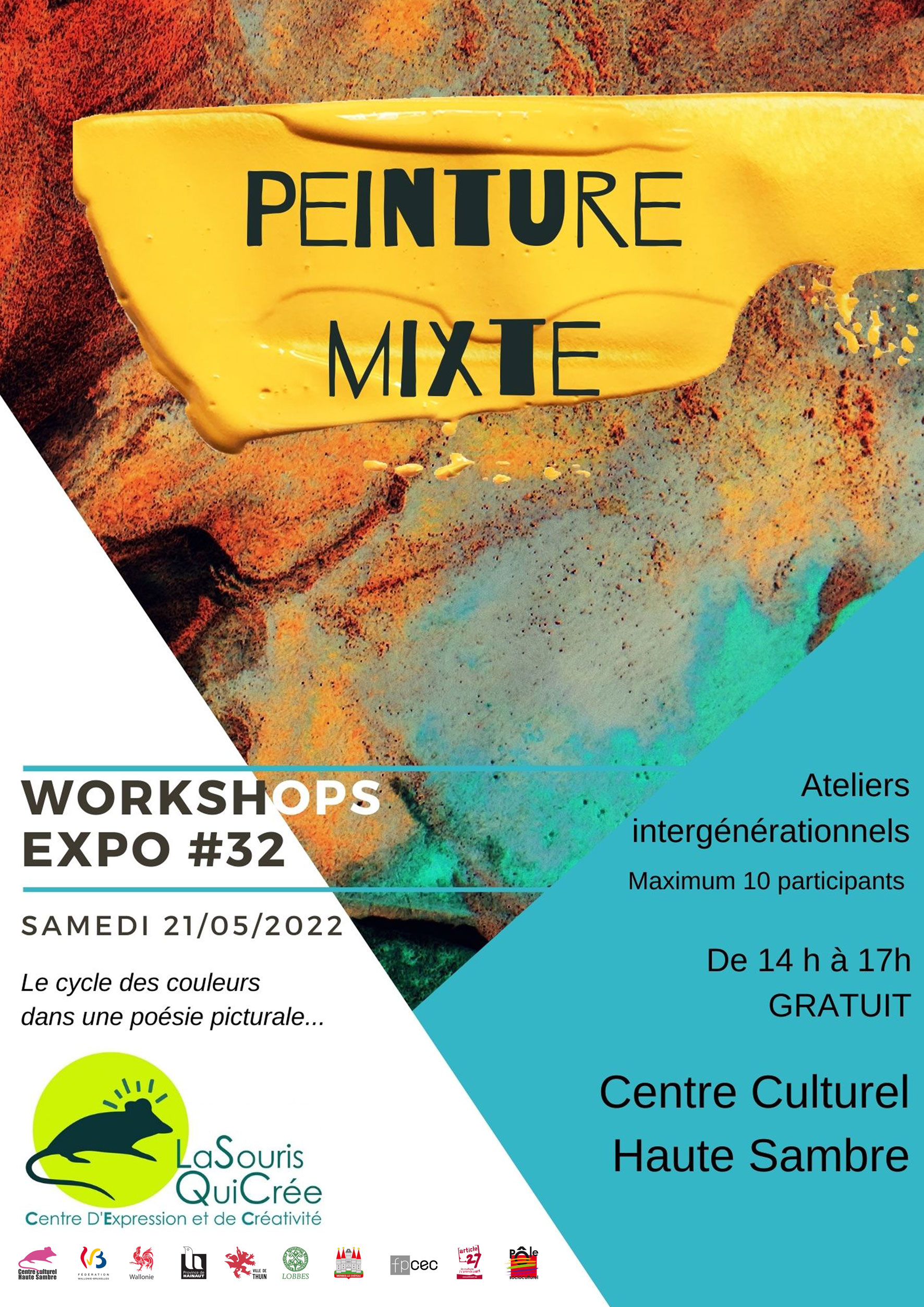 Le CEC LaSouris QuiCrée vous propose, pour ce workshop, de découvrir l'univers de l'exposition«Les lundis de la peinture » de l'atelier peinture du centre culturel. Lors de cet après-midi, vous aurez l'occasion de visiter l'exposition en compagnie d'une des artistesafin de comprendre les techniques de peinture, les inspirations, les influences et partager vosémotions, votre avis avec elle. Un atelier dédié à la création picturale et ses diverses techniques vous sera ensuite proposé, afind'exprimer votre ressenti et d'expérimenter ces techniques par vous-même