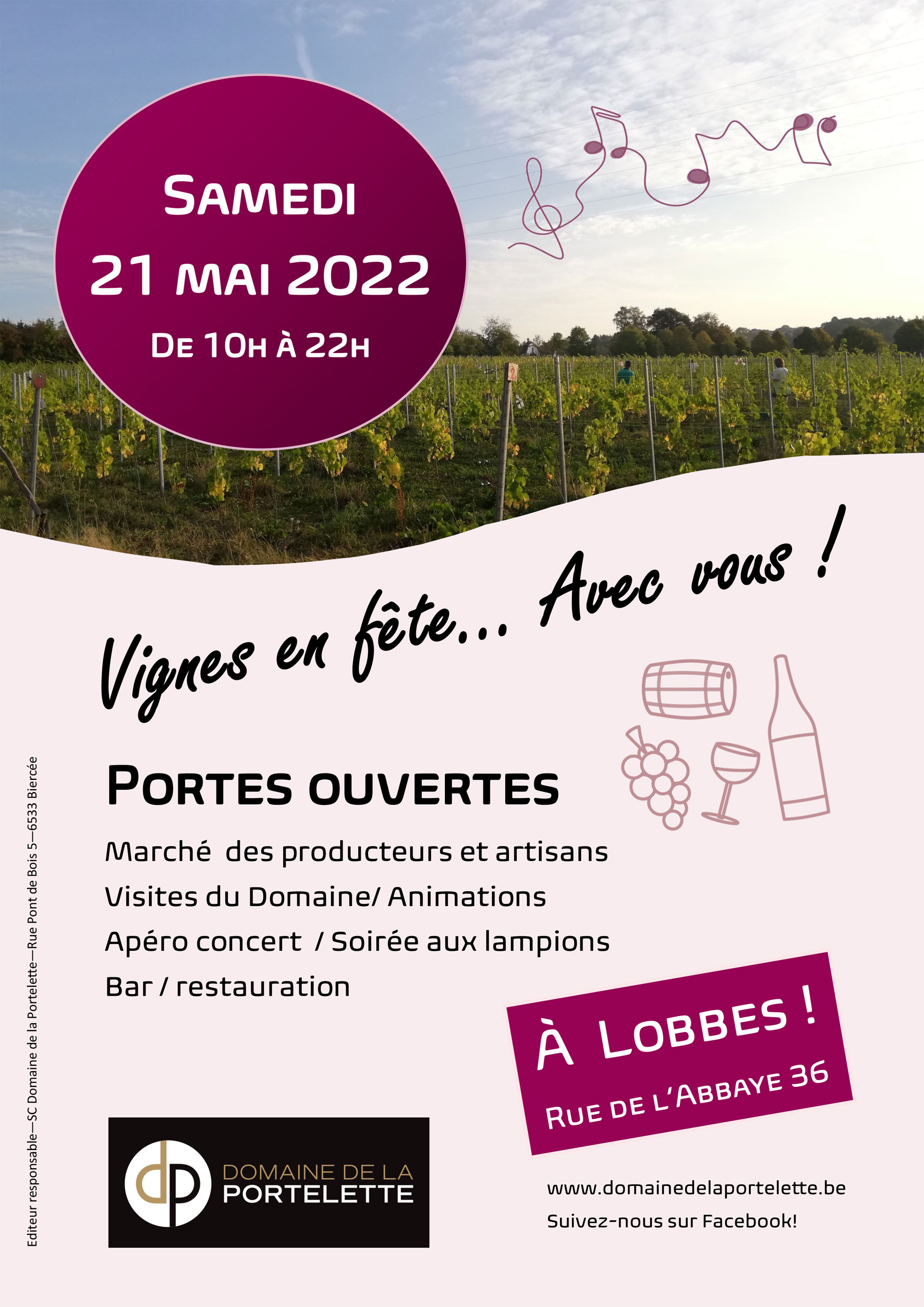 Le 21 mai prochain, le domaine de la portelette organise sa porte ouverte au coeur des vignes. Marché des producteurs, visites guidées du domaine, dégustations, bar, petite restauration, apéro concert, jeux, clown,... il y en aura pour tous les goûts ! Bienvenue à toutes et tous