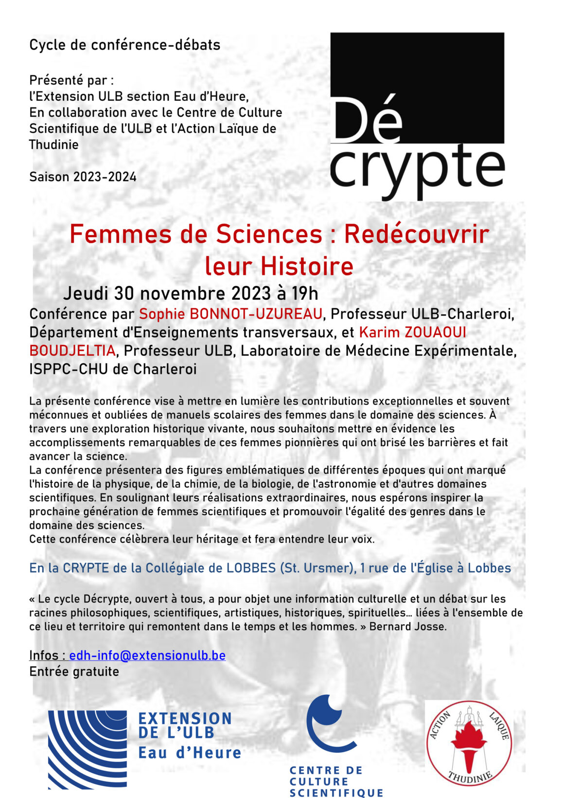 Cycle de conférence-débats : Femmes de Sciences : Redécouvrir leur Histoire