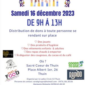 Samedi 16 décembre 2023 de 9H A 13H Matinée solidaire au Sacré Coeur de Thuin Place Albert 1er, 26 Thuin