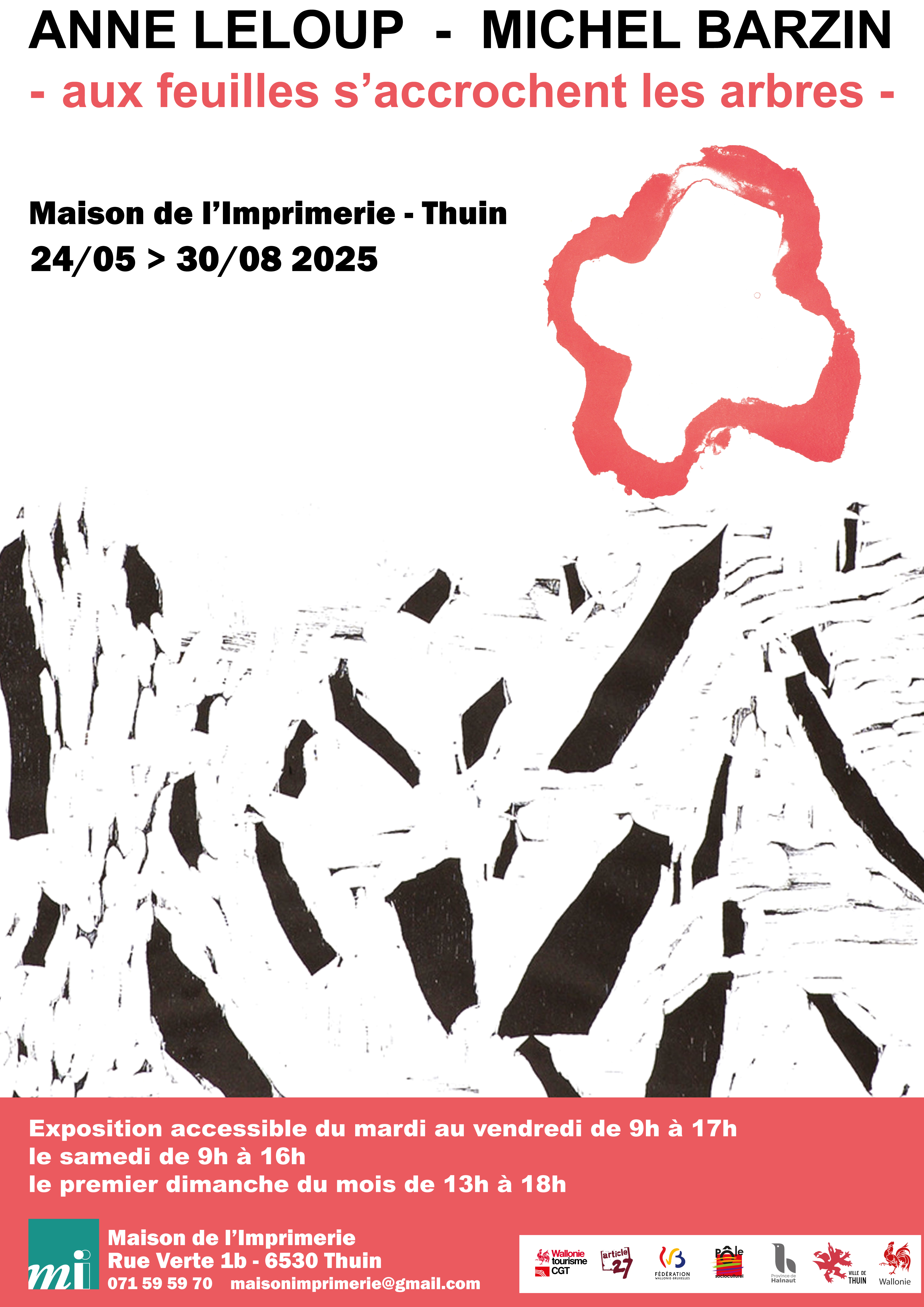 Affiche Leloup Barzin Maison de l’Imprimerie : Exposition « Aux feuilles s’accrochent les arbres » d’Anne Leloup et Michel Barzin